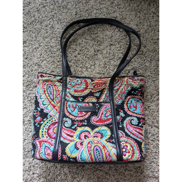 Vera Bradley Handbags - Vera Bradley Quilted Paisley Tote Bag Black Faux Leather Trim Shoulder Bag